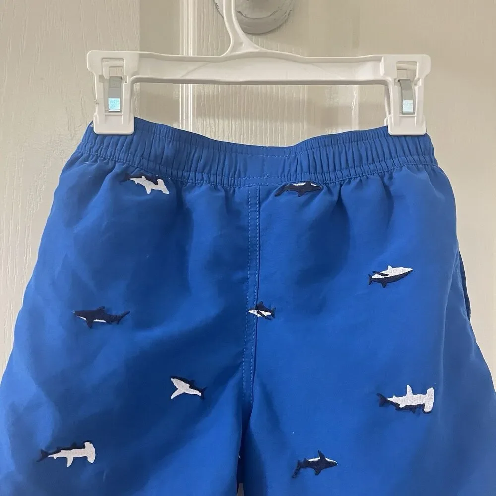 Hanna Andersson Blue Embroidered Sharks Swim Trunks Shorts Boys Size 120 US 6-7